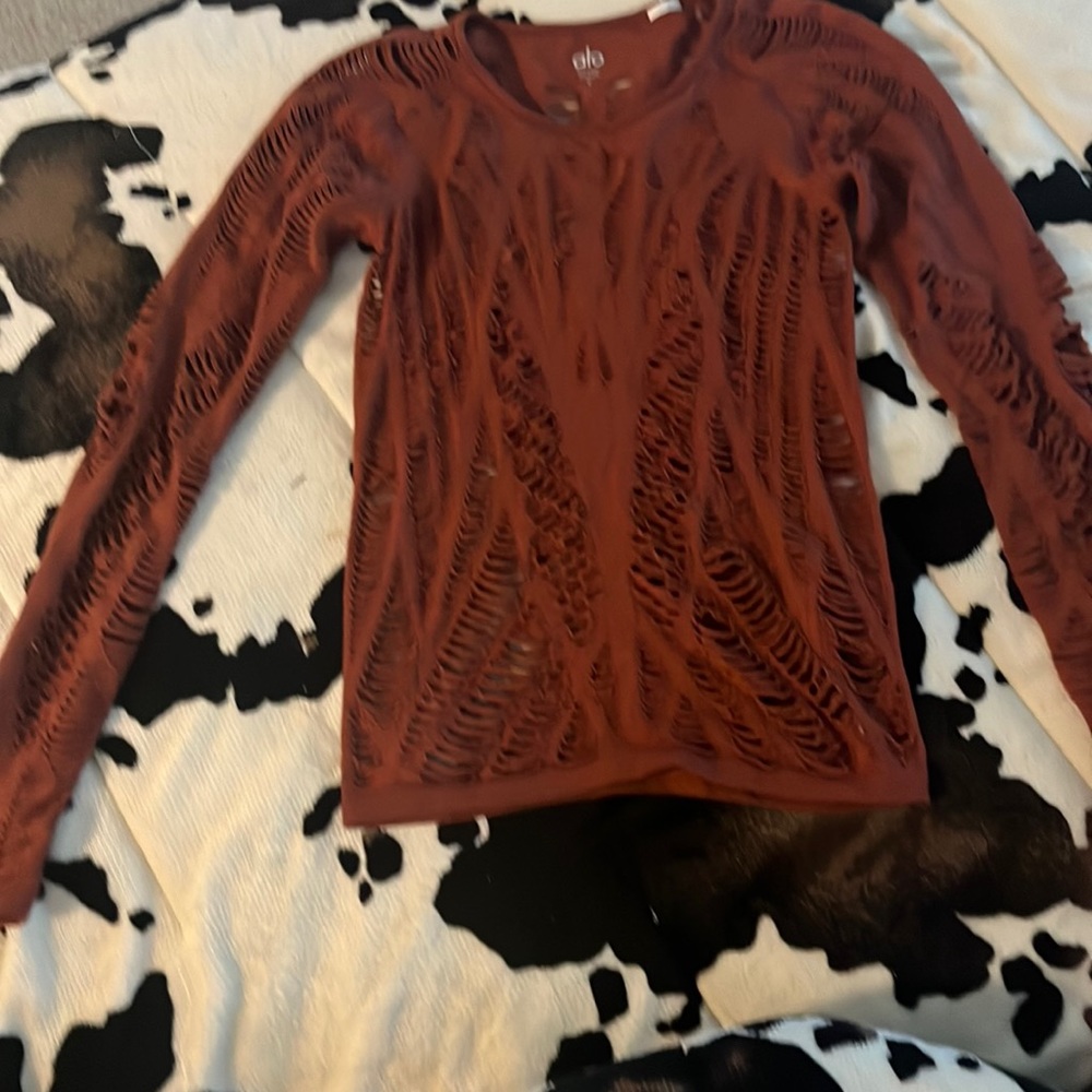 ALO Yoga Long Sleeve Distressed Knit Top in Rust
